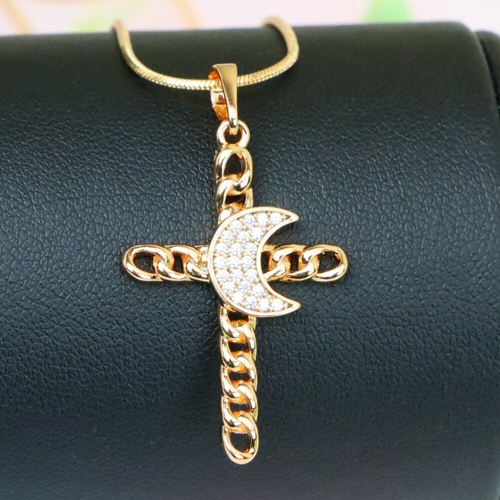 "Rose Gold Chain Cross Pendant with CZ Crescent Accent, XPPT1263